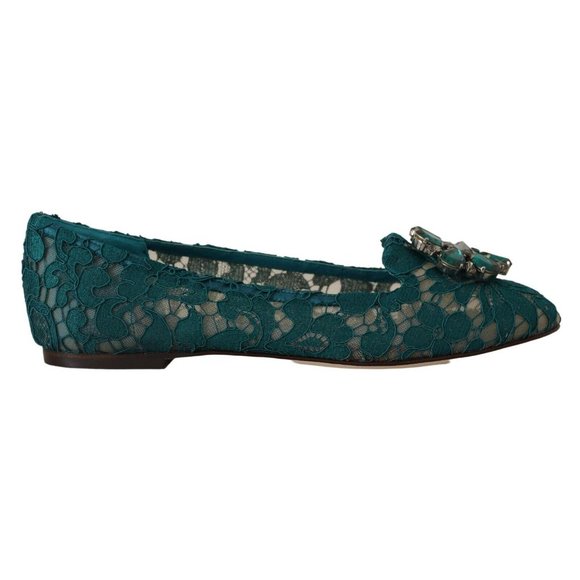 Dolce & Gabbana Green Lace Crystal Flats Loafers Shoes - Picture 1 of 7
